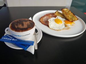 Italian Restaurant Gallino Pizza Bacon and Eggs with Toasted Turkish Bread and Coffee